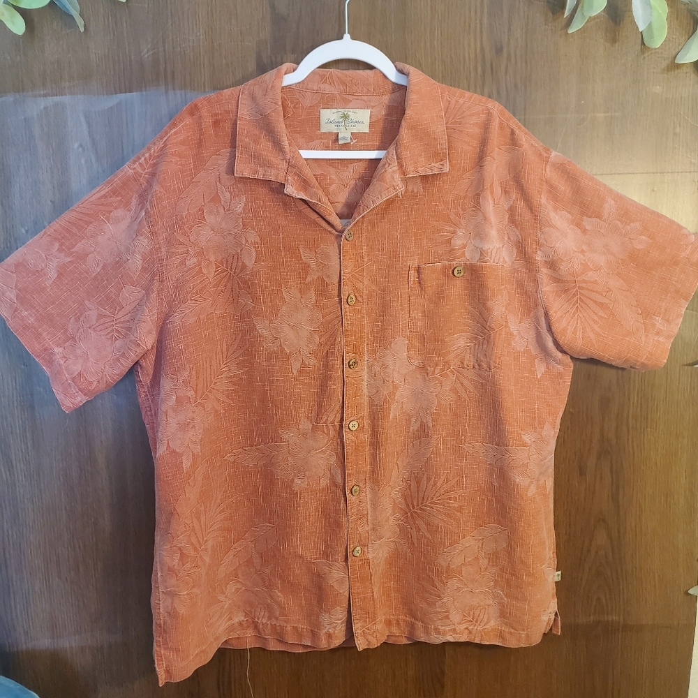 Island Shore Orange Hawaiian Print Casual Button Shirt